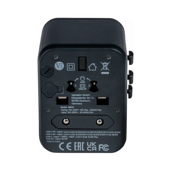 Verbatim 100-250 V Adapter podróżny, CEE7 (widelec) - gniazdo, czarny, Verbatim