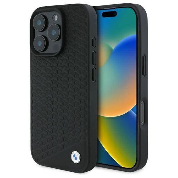 Original Case IPHONE 16 PRO BMW Hardcase Signature Leather Diamond Metal Logo MagSafe (BMHMP16L23RDDK) black 3666339323226