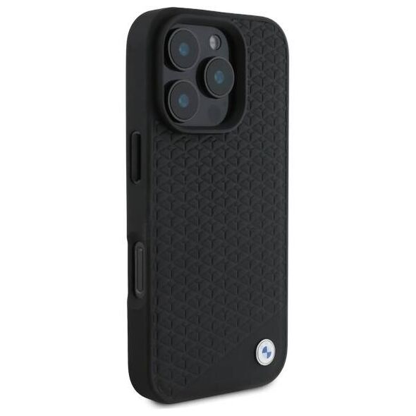 Original Case IPHONE 16 PRO BMW Hardcase Signature Leather Diamond Metal Logo MagSafe (BMHMP16L23RDDK) black 3666339323226