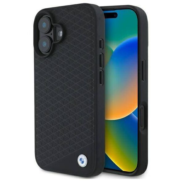 Original Case IPHONE 16 BMW Hardcase Signature Leather Diamond Metal Logo MagSafe (BMHMP16S23RDDK) black 3666339323202