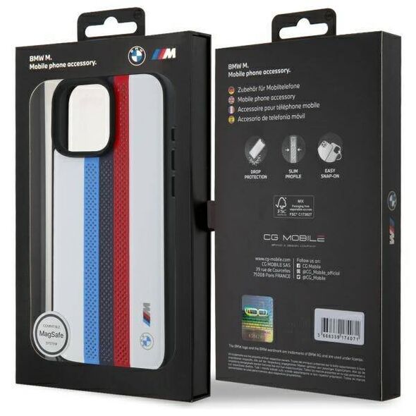 Original Case IPHONE 16 PRO MAX BMW Hardcase M Perforated Tricolor Printed Stripes MagSafe (BMHMP16X23PUPTH) white 3666339324193