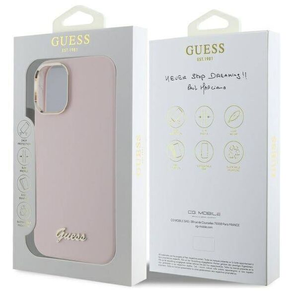 Original Case IPHONE 16 PLUS Guess Hardcase Silicone Script Metal Logo & Frame (GUHCP16MSMBSLP) pink 3666339344269