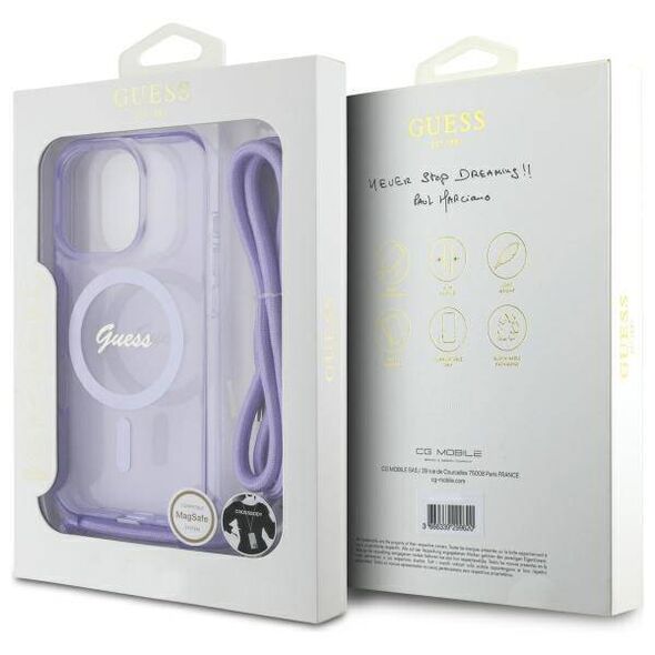 Original Case IPHONE 16 PRO Guess Hardcase Crossbody Cord Script MagSafe (GUHMP16LHCTSGNSU) purple 3666339345860