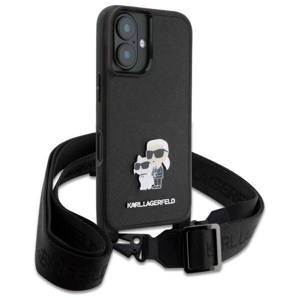 Original Case IPHONE 16 Karl Lagerfeld Hardcase Saffiano Karl&Choupette Metal Pin CBDY Strap (KLHCP16SSAKCPBK) black 3666339329884
