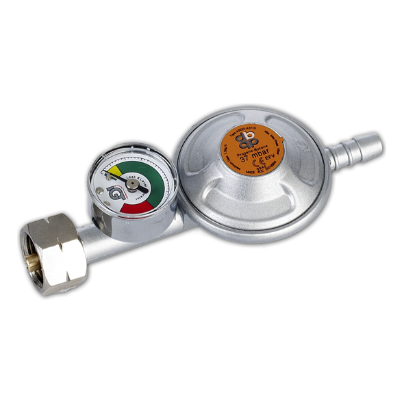 Bradas Reduktor gazowy 37mbar 1.5kg/h z zaworem bezpieczeństwa i manometrem na wąż 9-10mm (RG A310IE-M)