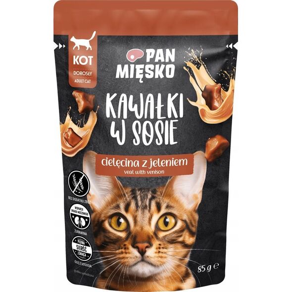 Pan Mięsko PAN MIĘSKO Kawałki w sosie Cielęcina z jeleniem (dorosły) - Karma mokra dla kota - 85g