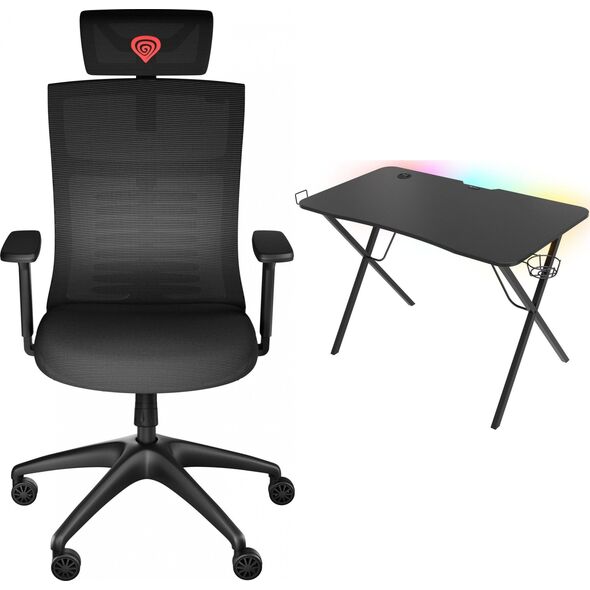 Fotel Genesis ASTAT 200 G2 Czarny (NFG-1943) + Biurko Holm 200 RGB Czarne 113cm x 60cm