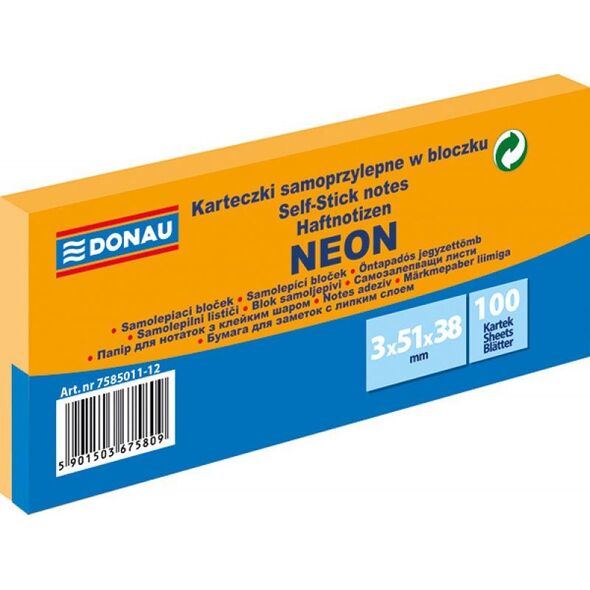 Donau BLOCZEK SAMOPRZYLEPNY, DONAU, 38X51MM, 100K, NEON POMARAŃCZOWY,3SZT 7585011-12 960650 5901503675809