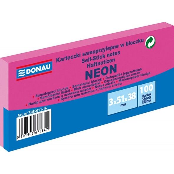 Donau BLOCZEK SAMOPRZYLEPNY, DONAU, 38X51MM, 100K, NEON RÓŻOWY,3SZT 7585011-16 960651 5901503675847