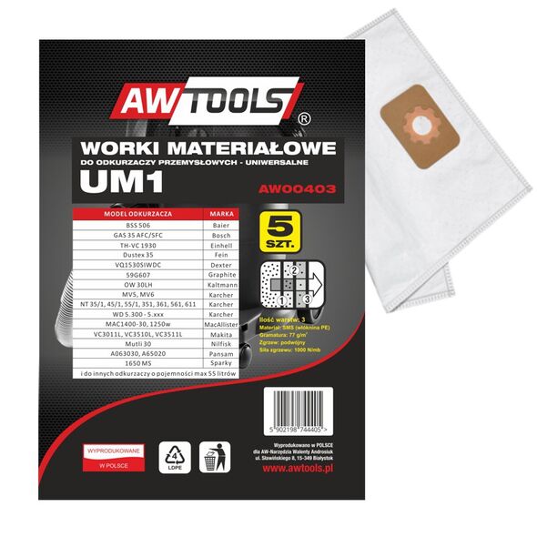 Worek do odkurzacza AWTools z mikrowłókniny UM1 GAS35/VC3011L/VC3510L/VC3511L 5szt. (AW00403) 3177502 5902198744405