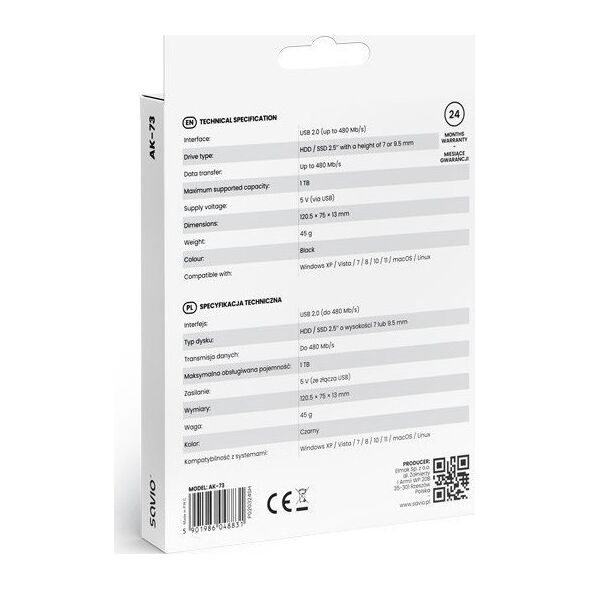 Kieszeń Savio Obudowa na dysk zewnętrzny HDD / SSD 2.5' USB 2.0 AK-73