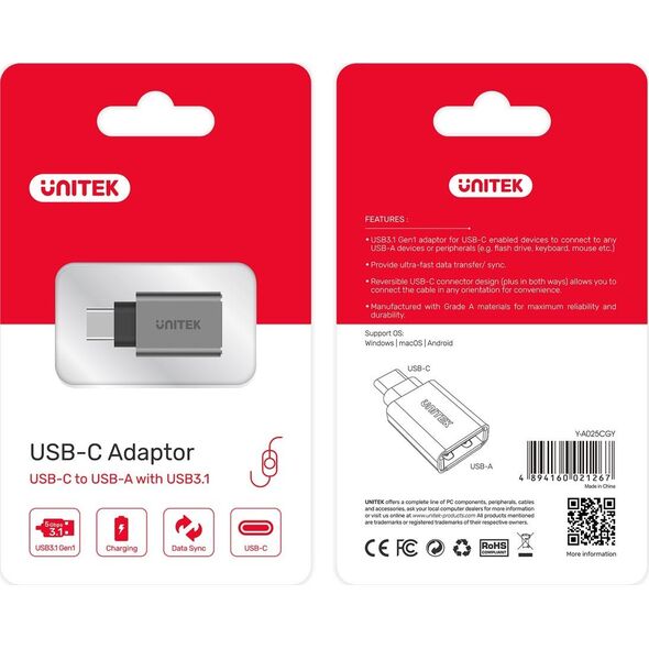 Unitek USB-C - Προσαρμογέας USB Ασημί (Y-A025CGY) 1053732 4894160021267