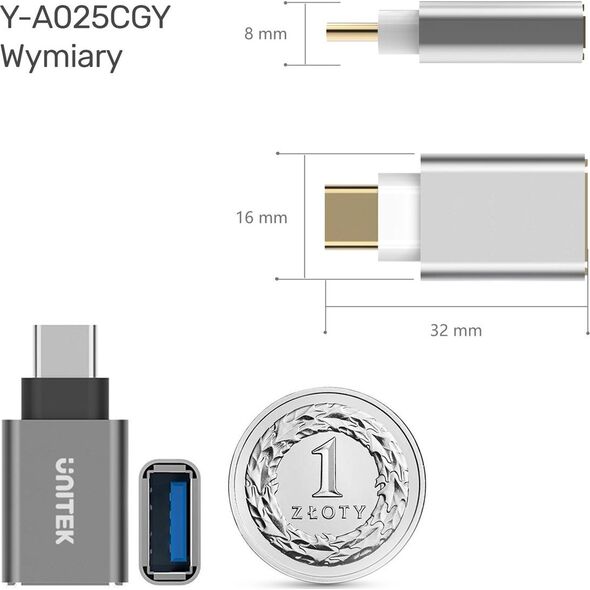 Unitek USB-C - Προσαρμογέας USB Ασημί (Y-A025CGY) 1053732 4894160021267