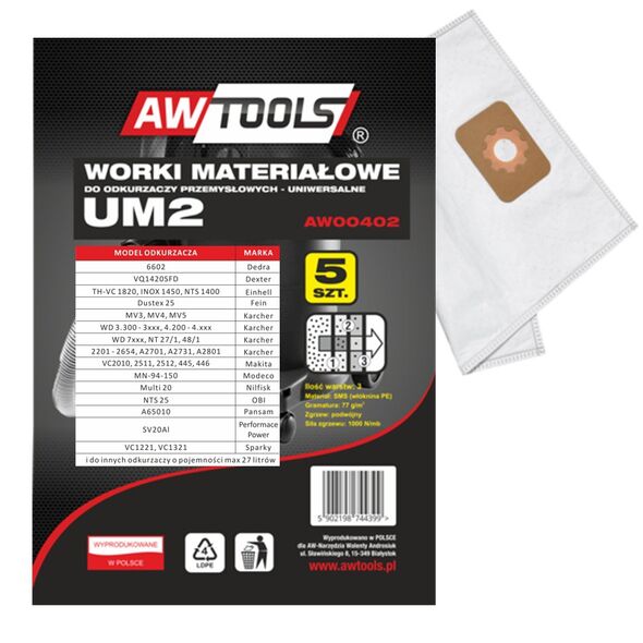 Worek do odkurzacza AWTools z mikrowłókniny UM2 MAKITA VC2010/2511/2512/445/446 5szt. (AW00402) 3177501 5902198744399