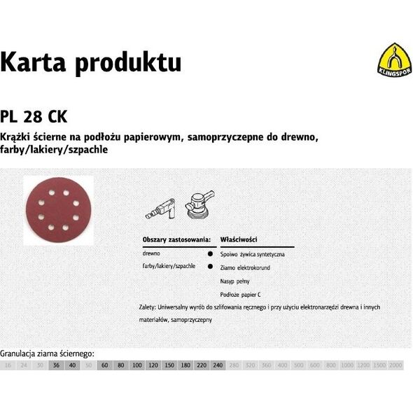 Klingspor krążek ścierny samoprzyczepny 125mm PL28CK gr.180 GLS5, 8 otworów, 50 sztuk (270707) 4915289 5907560043452