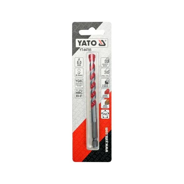 Wiertło Yato `Wiertło uniwersalne 8,0x100 mm.uchwyt 1/4"Hex (beton,ceramika,stal,alum.,PCV,drewno) 6225595 5906083038341