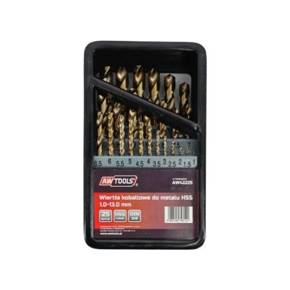 Wiertło AWTools do metalu HSS walcowe 1,5 2 7 4,5 4 5,5 5 1 3 2,5 3,5 6 10 10,5 11 11,5 12 12,5 13 6,5 7,5 8 8,5 9 9,5mm zestaw (AW42225) 6417706 5902198748120