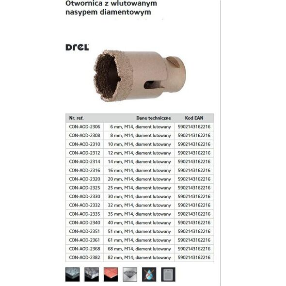 Drel DREL KORONA M14 Z NASYPEM DIAMENTOWYM LUTOWANYM 12mm CON-AOD-2312 7598227 5902143165347