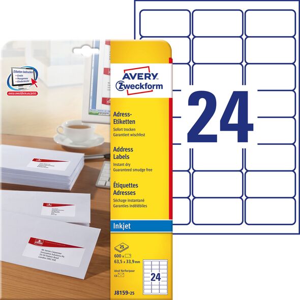 Avery Zweckform ETYKIETY A4 AVERY 63,5 X 33,9 MM BIAŁE (24) 7703633 4004182235331