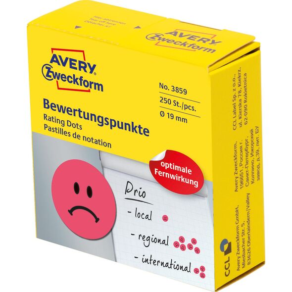 Avery Zweckform Kółka z symbolami do zaznaczania, 'Smutna buźka', 250 szt./rolka, O19 mm, Avery Zweckform, CZERWONY 7704011 4004182038598