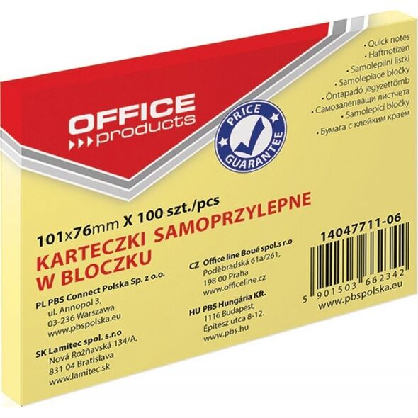 Office Products Bloczek samoprzylepny OFFICE PRODUCTS, 101x76mm, 1x100 kart., pastel, jasnożółty 7923780 5901503662342