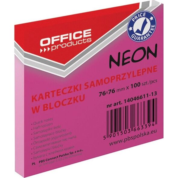 Office Products Bloczek samoprzylepny OFFICE PRODUCTS, 76x76mm, 1x100 kart., neon, różowy 7923781 5901503663394