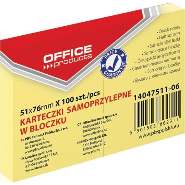 Office Products Bloczek samoprzylepny OFFICE PRODUCTS, 51x76mm, 1x100 kart., pastel, jasnożółty 8012278 5901503662311