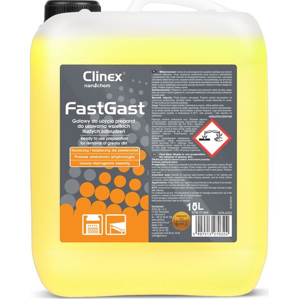 Clinex Środek do mycia tłustych zbrudzeń w kuchni do okapów blatów posadzek ścian CLINEX FastGast 5L Środek do mycia tłustych zbrudzeń w kuchni do okapów blatów posadzek ścian CLINEX FastGast 5L 8147745 5907513270324