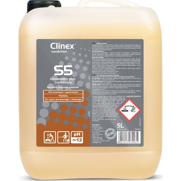Clinex Uniwersalny płyn czyszczący do uporczywych zabrudzeń CLINEX S5 5L Uniwersalny płyn czyszczący do uporczywych zabrudzeń CLINEX S5 5L 8147792 5907513270034