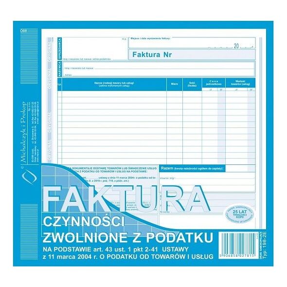 Herlitz FAKTURA CZYNNOŚCI ZWOLNIONE Z PODATKU 2/3 A4 8201553 5906858027815