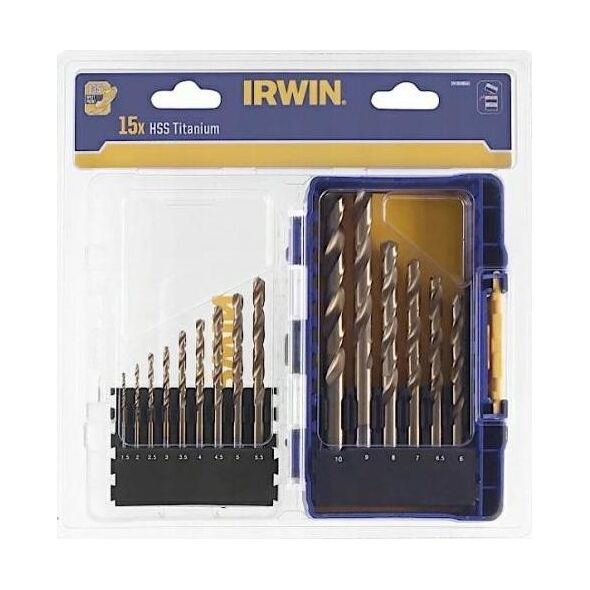Wiertło Irwin IRWIN ZESTAW 15szt. HSS TiS 1.5mm, 2mm, 3.5mm, 4mm, 4.5mm 5mm, 5.5mm, 6mm, 6.5mm, 7mm, 8mm, 9mm, 10m IRWIW3038501 8680733 5054905247843