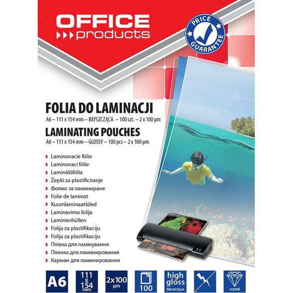Office Products Folia do laminowania OFFICE PRODUCTS, A6, 2x100mikr., błyszcząca, 100szt., transparentna 8949291 5901503687314
