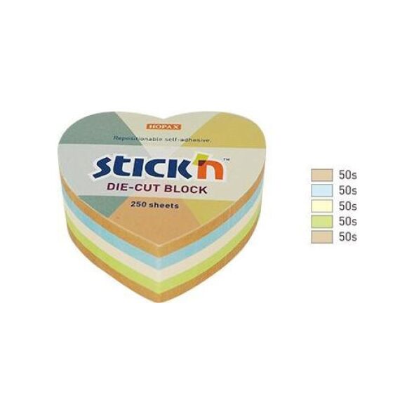 Stickn Notes serce, 64x67mm, mix 5 kol. pastel+recykling 250kart. Stick"n 21837 10091274 4712759218372