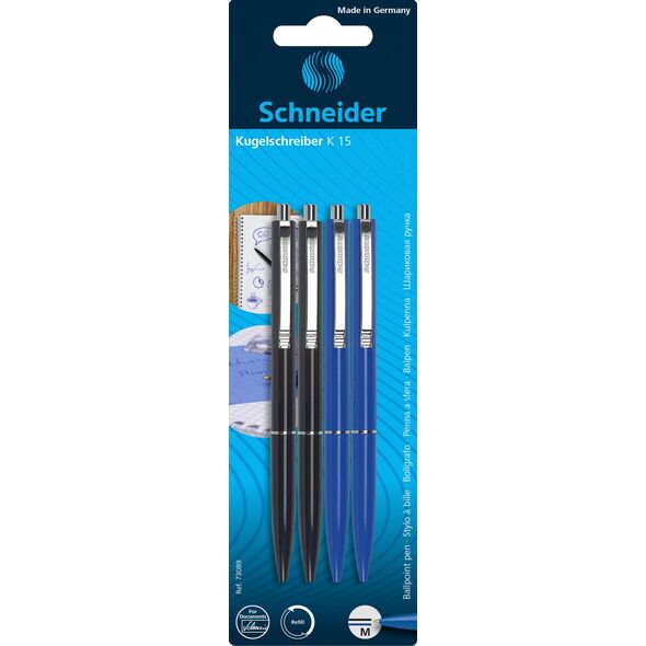 Schneider DŁUGOPISY AUTOMATYCZNE SCHNEIDER K15, 2X CZARNY + 2X NIEBIESKI, BLISTER 10333734 4004675007988