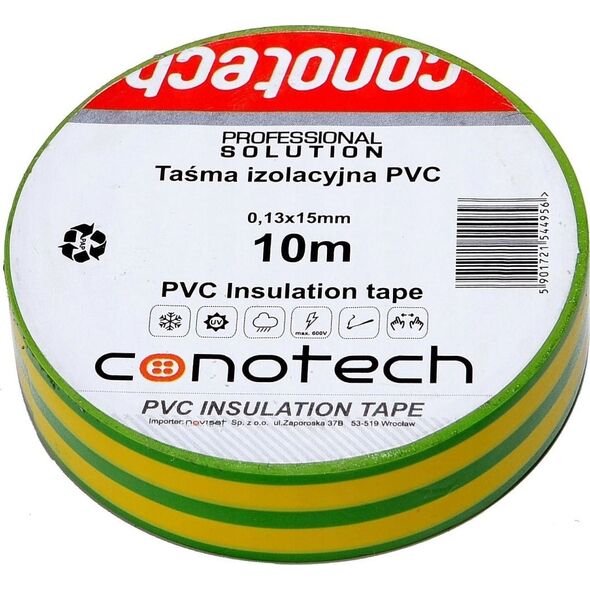 Conotech Taśma izolacyjna zielono/żółta PVC 0,13x15x10m NS 12995265 5901721544956