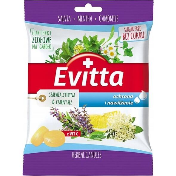 polbioeco Evitta cukierki bez cukru o smaku szałwi, cytryny i czarnego bzu 60 g 13399900 5901315084424