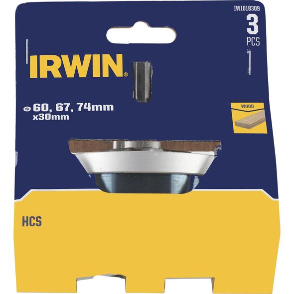 Irwin IRWIN OTWORNICE DO DREWNA HCS 60, 67 i 74mm x 30mm do drewna z trzpieniem mocującym i wiertłem centr 13495521 5054905290313