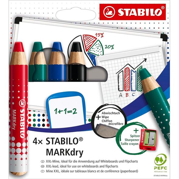 Stabilo Kredki do tablic Stabilo MARKdry (+ temperówka i ściereczka) 4 kolory 13720689 4006381582520