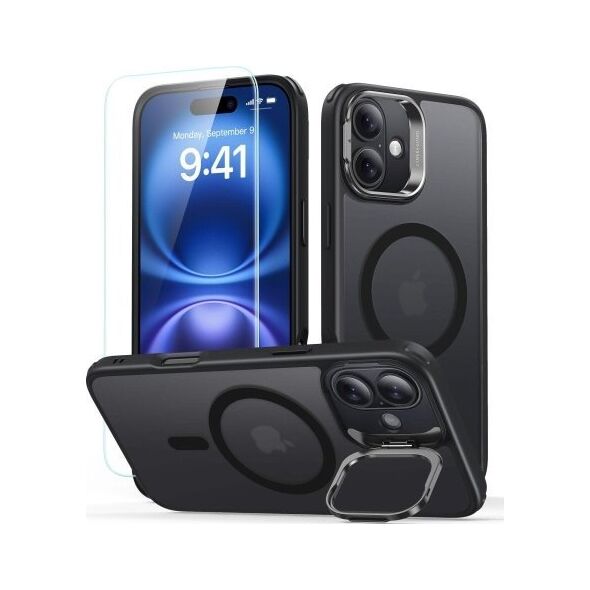 ESR Zestaw etui ESR Classic Hybrid Kickstand Halolock MagSafe + Szkło hartowane na iPhone 16 - czarne 14202284 4894240243626