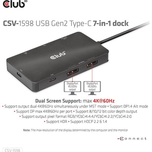 HUB USB Club 3D Club3D USB-7-in1-HUB USB-C > 2xDP/2xUSB/2xUSB-C/RJ45 100W retail