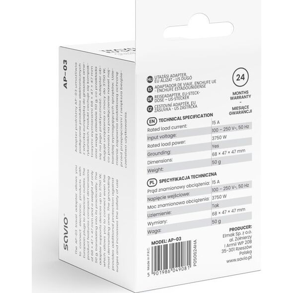 Adapter AV Savio Adapter podróżny, gniazdo EU wtyk US AP-03