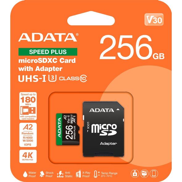 Karta ADATA Speed Plus MicroSDXC 256 GB Class 3 UHS-I/U3 A2 V30 (UD256GUI3V30A2SP-RA1)