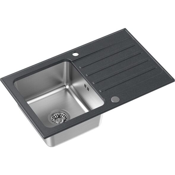 Zlewozmywak Steiner KENNETH 111 Fusion GraniteQ black dotted (czarny) z komorą stalową (780x480x190) z syfonem manualnym i zaślepką 13949658 5904310995900