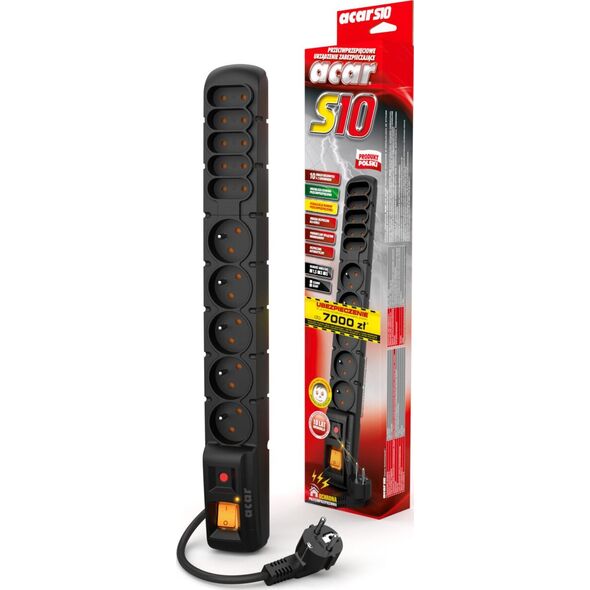 Listwa zasilająca Acar S10 przeciwprzepięciowa 10 gniazd 3 m czarna (W0129) 274609 5904743375607