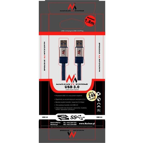 Kabel USB Maclean USB-A - USB-A 3 m Niebieski (MCTV-606) 740368 5903292800660