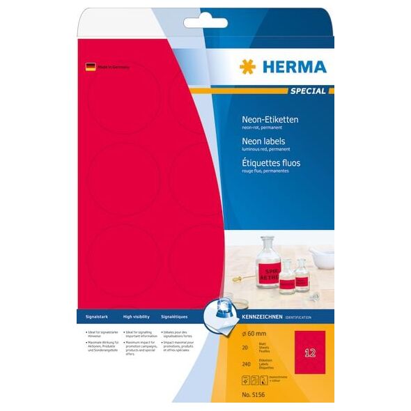 Herma Etykiety kolorowe 5156, A4, okrągłe, 60 mm, papier matowy jaskrawy czerwony, 240 szt (5156) 785527 4008705051569