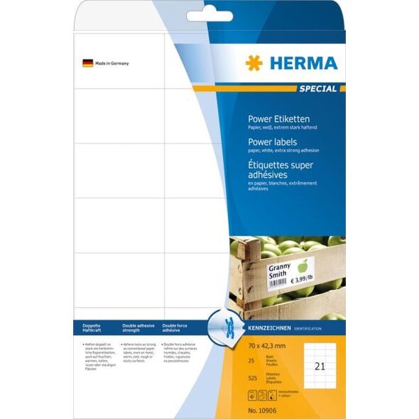Herma Etykiety samoprzylepne 10906, A4, 70 x 42,3 mm, ekstremalnie mocno klejące, papier biały matowy, 525 szt. (10906) 785669 4008705109062