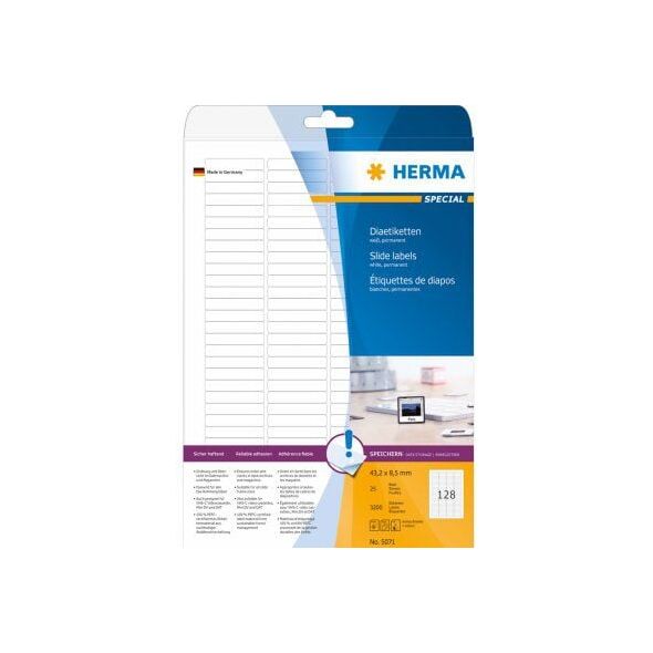 Herma Etykiety slajdów, biały, 43,2 x 8,5 mm, do wszystkich klatek slajdów, matowy papier, 25 arkuszy (5071) 785481 4008705050715