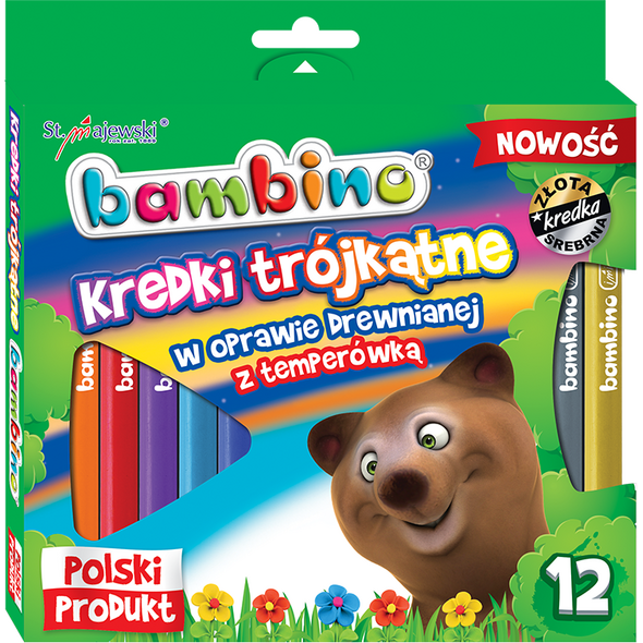 St. Majewski Kredki BAMBINO w oprawie drewnianej o przekroju trójkątnym, 12 kolorów, z temperówką 878852 5903235002892