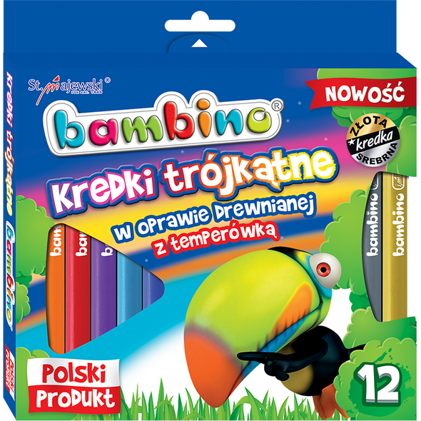 St. Majewski Kredki BAMBINO w oprawie drewnianej o przekroju trójkątnym, 12 kolorów, z temperówką 878852 5903235002892